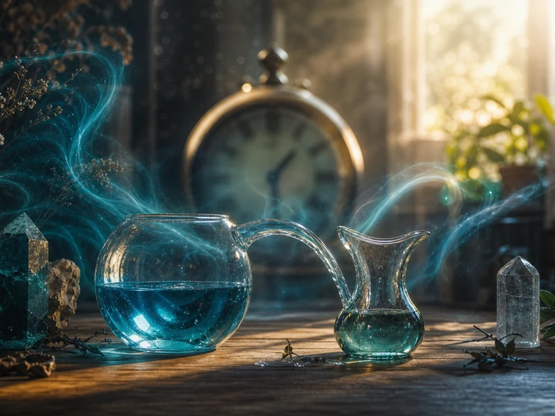 Illustration onirique de la 14h41 signification entre equilibre, lumiere et energie bleu-vert.