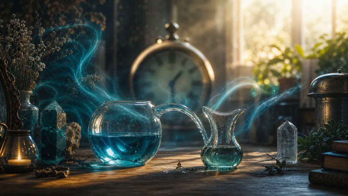 Illustration onirique de la 14h41 signification entre equilibre, lumiere et energie bleu-vert.