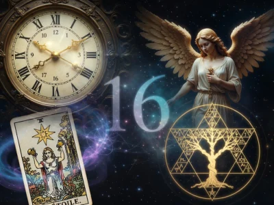 Une horloge, un ange et une carte de tarot illustrant la 16h16 signification dans un ciel étoilé mystique