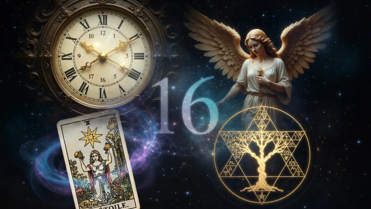 Une horloge, un ange et une carte de tarot illustrant la 16h16 signification dans un ciel étoilé mystique