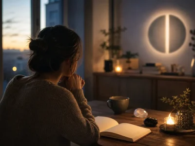 Femme en réflexion au crépuscule illustrant le symbolisme de 18h18.