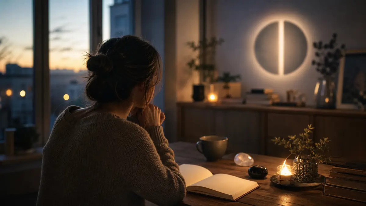 Femme en réflexion au crépuscule illustrant le symbolisme de 18h18.