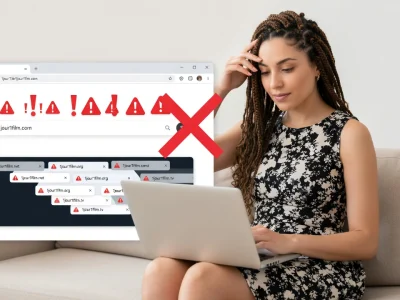 Une femme sur son canapé consulte 1Jour1Film nouvelle adresse sur son ordinateur portable