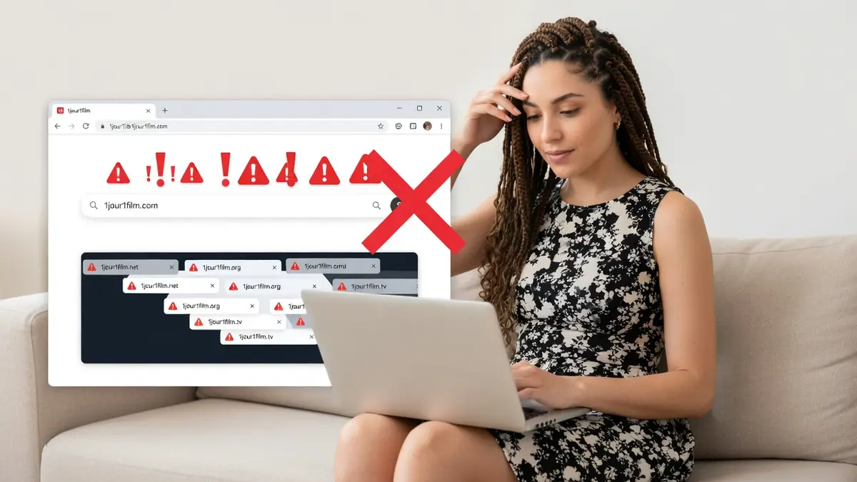 Une femme sur son canapé consulte 1Jour1Film nouvelle adresse sur son ordinateur portable
