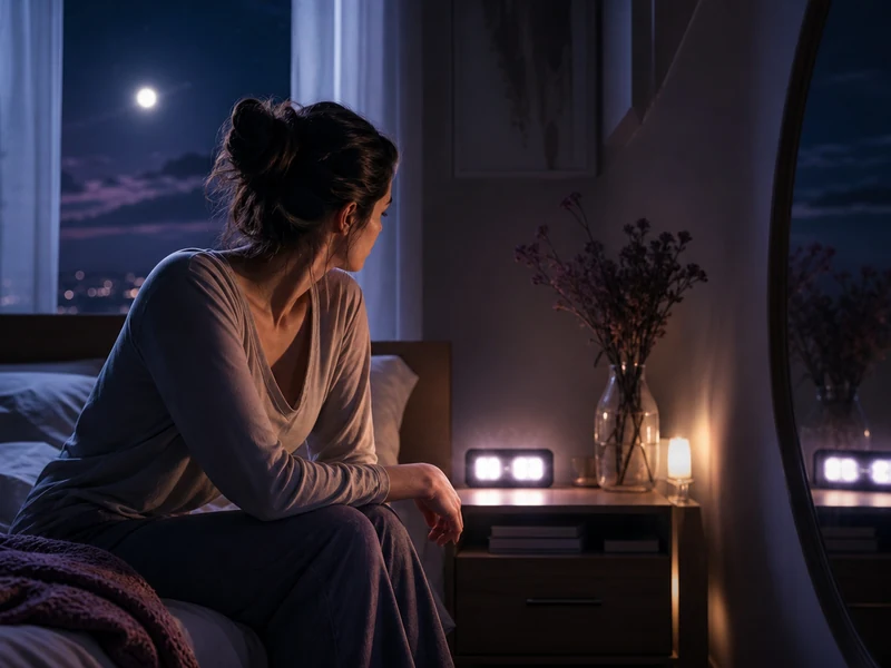 Une personne contemple une horloge lumineuse à 22h22 dans une chambre nocturne.