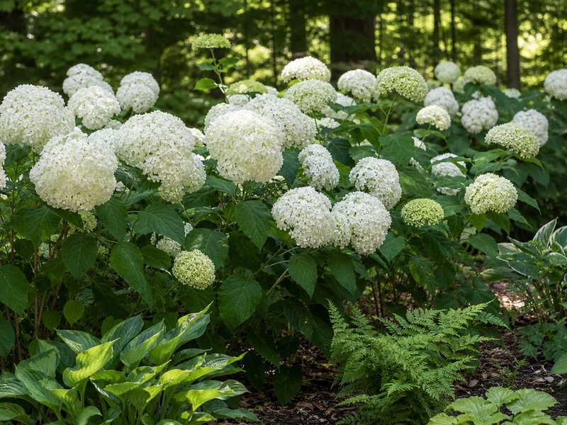 Massif d'hortensias Annabelle blancs dans un jardin ombragé.