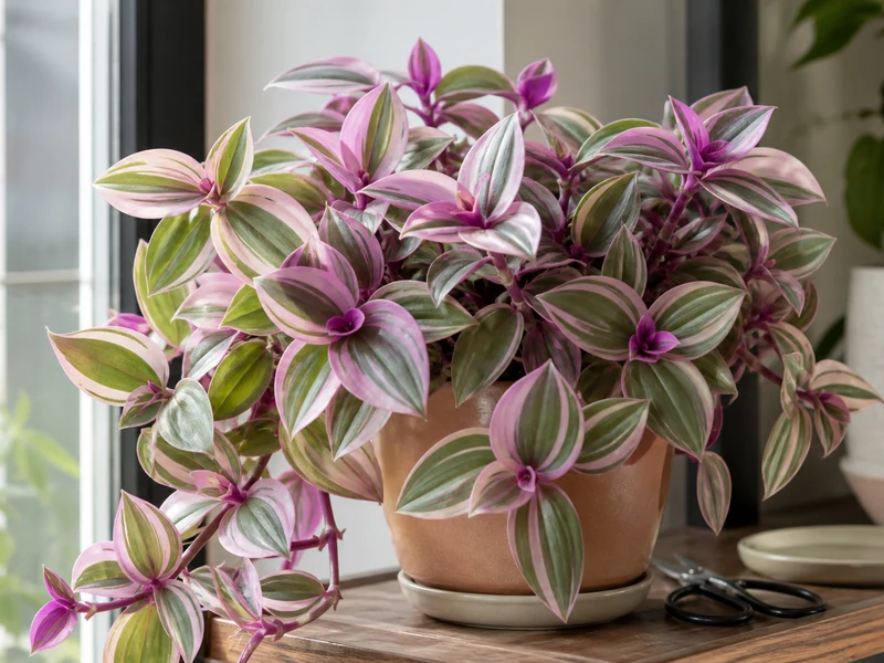 Une tradescantia nanouk lumineuse aux feuilles roses et vertes près d’une fenêtre.