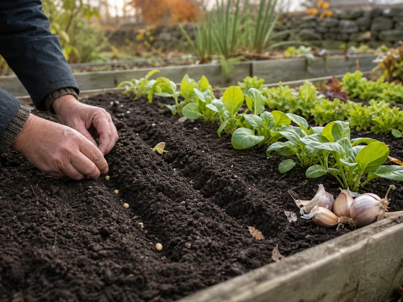 Des semis d'octobre prennent place dans un potager d'automne.