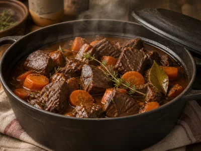 Une cocotte fumante de boeuf aux carottes dans une sauce onctueuse.