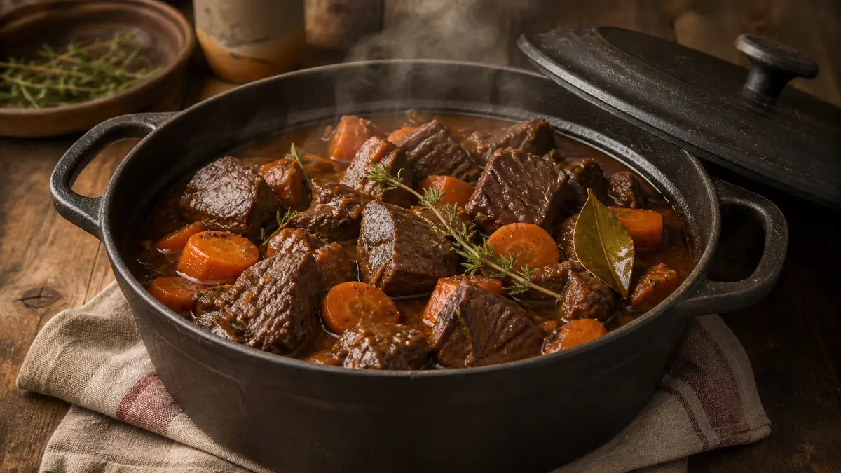Une cocotte fumante de boeuf aux carottes dans une sauce onctueuse.