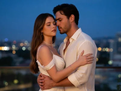 Un couple d'amoureux s'enlace tendrement devant les lumières d'une ville nocturne dans à Contre-sens 3