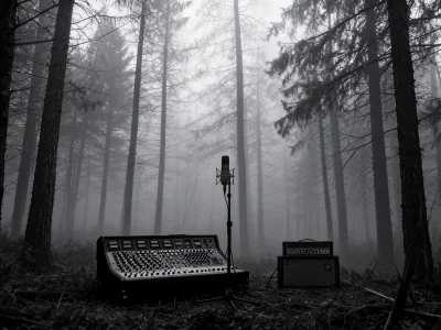 Une console de mixage et un micro installés dans une forêt brumeuse évoquent The Cure in the forest