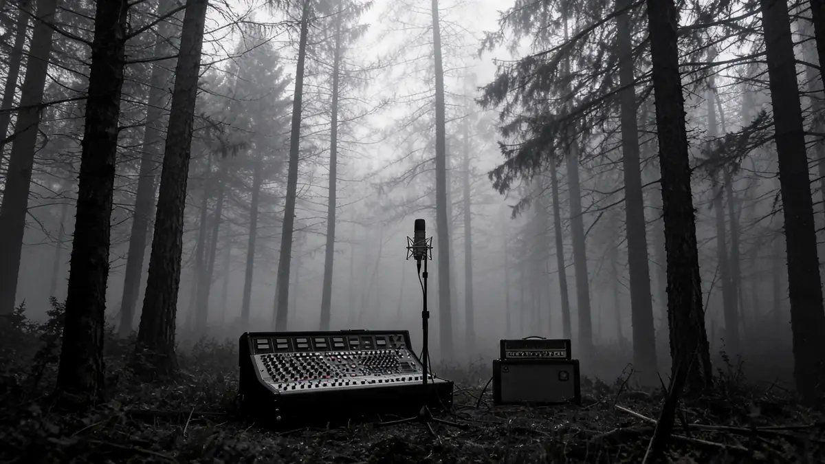 Une console de mixage et un micro installés dans une forêt brumeuse évoquent The Cure in the forest
