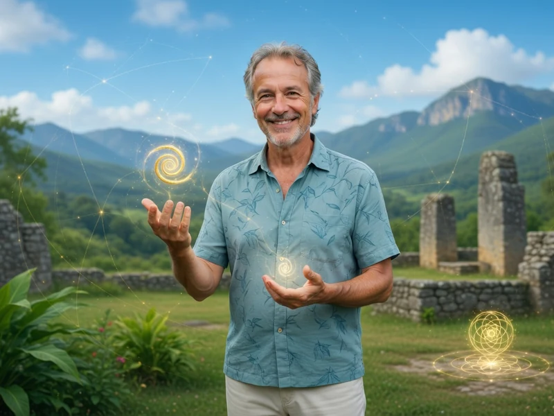 Yann Lipnick sourit avec des orbes énergétiques dans un paysage de montagnes et de ruines .