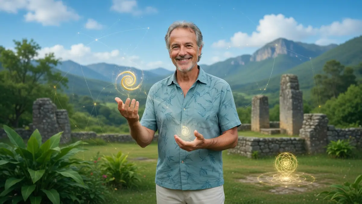 Yann Lipnick sourit avec des orbes énergétiques dans un paysage de montagnes et de ruines .