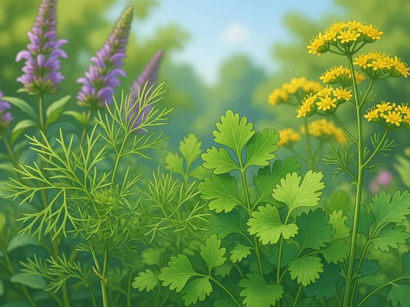 La plante anisée s'épanouit dans un jardin parmi des fleurs jaunes et violettes