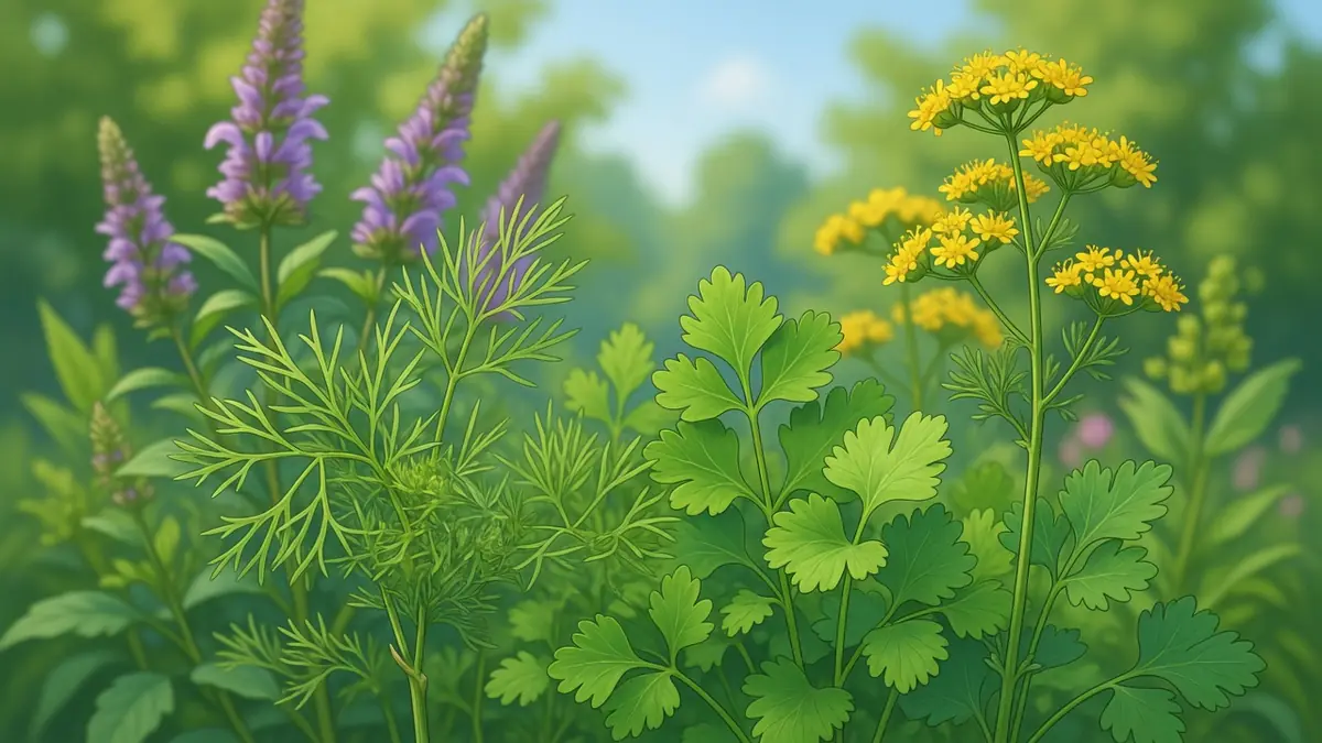 La plante anisée s'épanouit dans un jardin parmi des fleurs jaunes et violettes