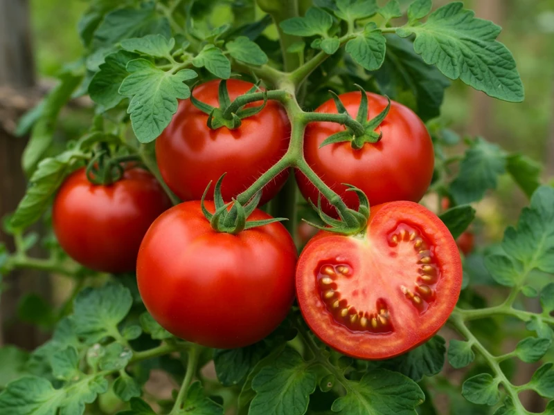 Des tomates Cobra sur tige avec une coupée en deux révélant les graines