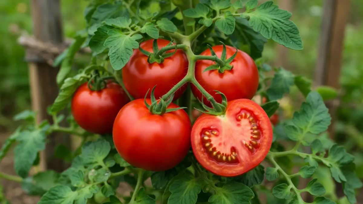 Des tomates Cobra sur tige avec une coupée en deux révélant les graines