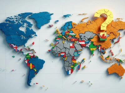 Une carte du monde en pièces de puzzle avec un point d'interrogation jaune pour un pays en W