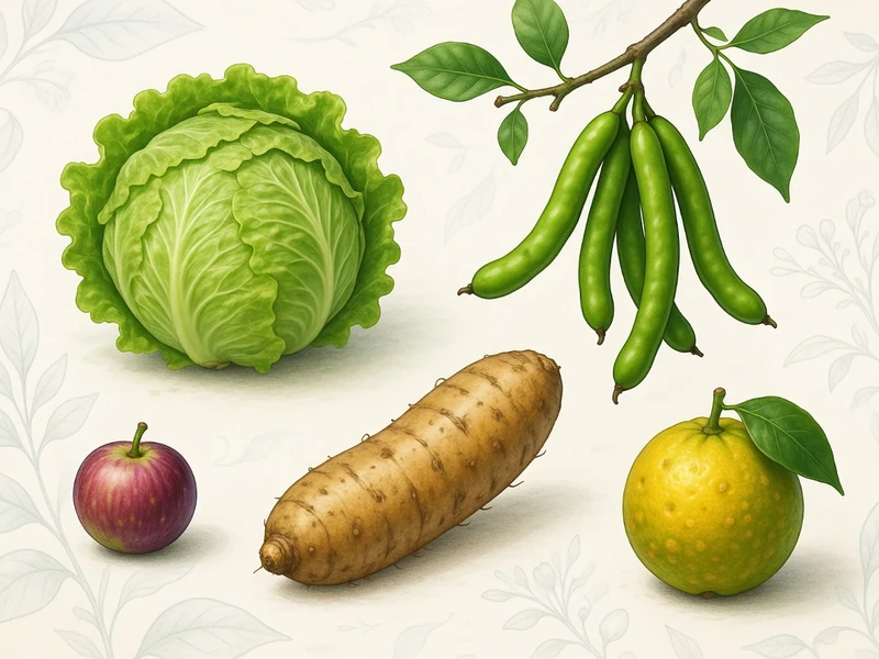 Des légumes et fruits comme un chou, des haricots et une racine illustrent fruit et légume par I