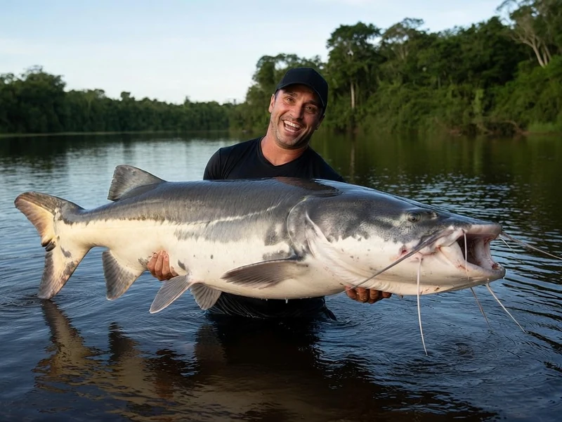 Un pêcheur tient un Piraiba record dans une rivière amazonienne