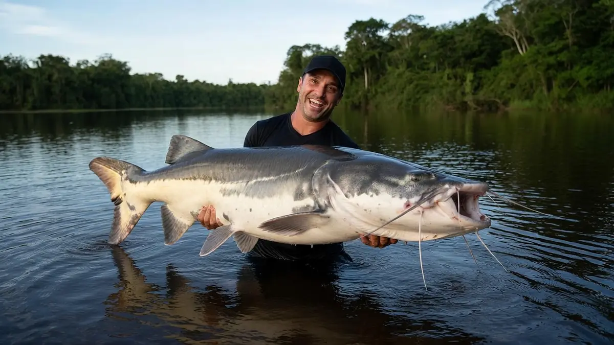 Un pêcheur tient un Piraiba record dans une rivière amazonienne