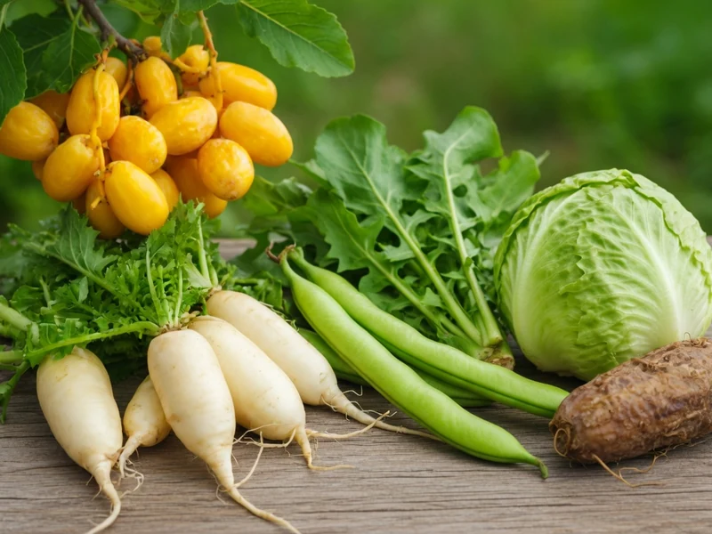 Des légumes variés autour d'un légume en D sur une table en bois