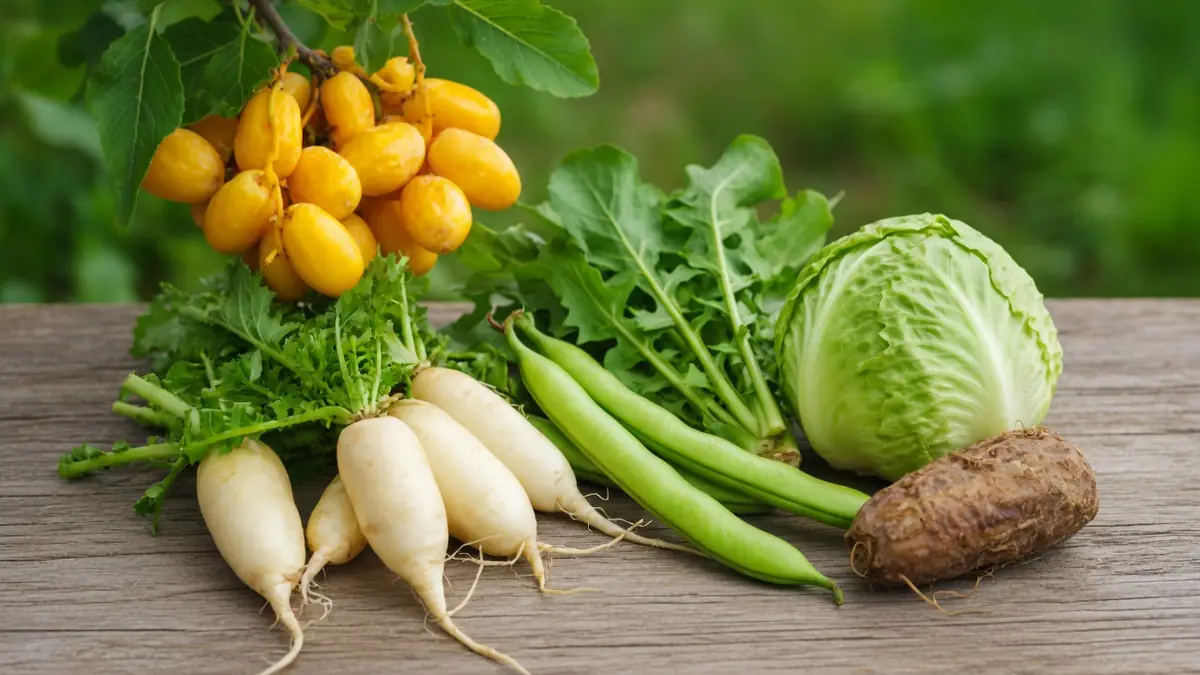 Des légumes variés autour d'un légume en D sur une table en bois
