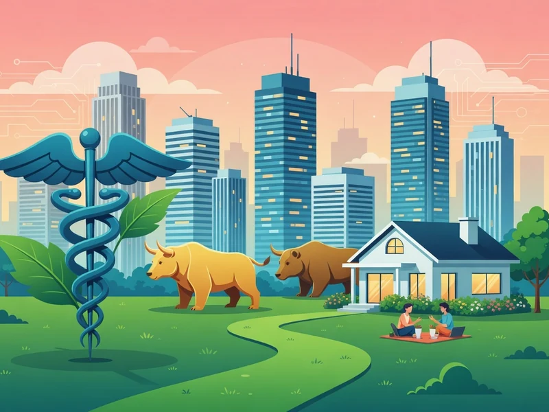 Un caducée deux taureaux une maison et des gens sur fond de ville dans un champ illustrent le métier qui paye bien