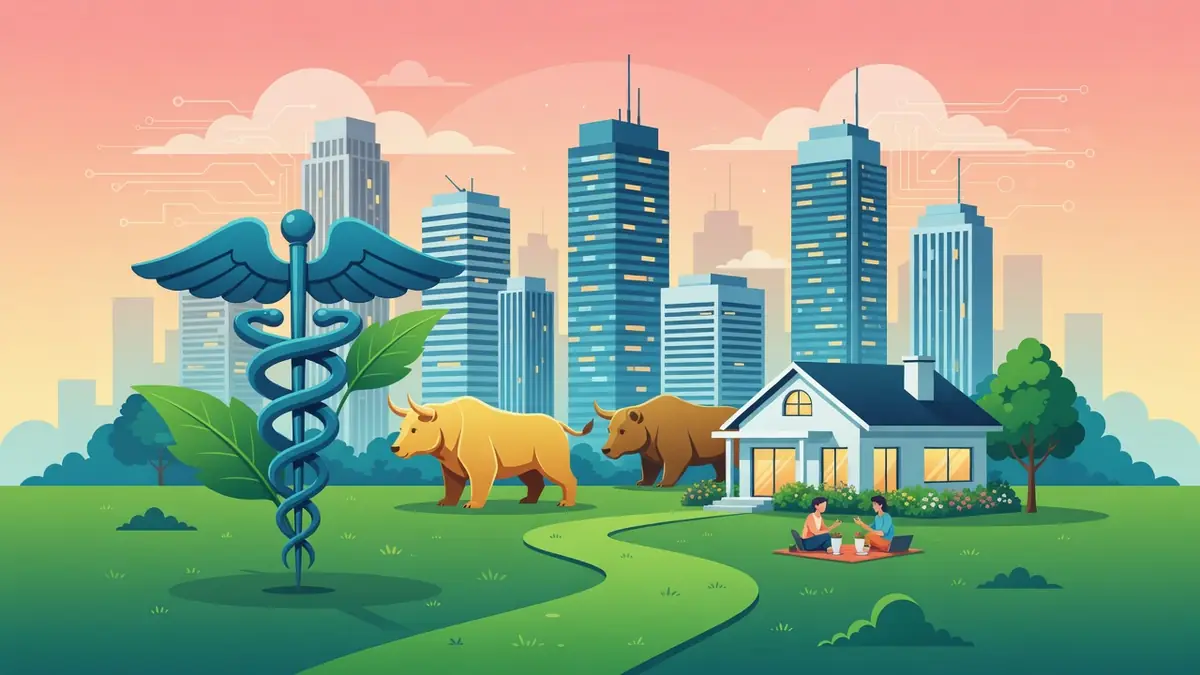 Un caducée deux taureaux une maison et des gens sur fond de ville dans un champ illustrent le métier qui paye bien