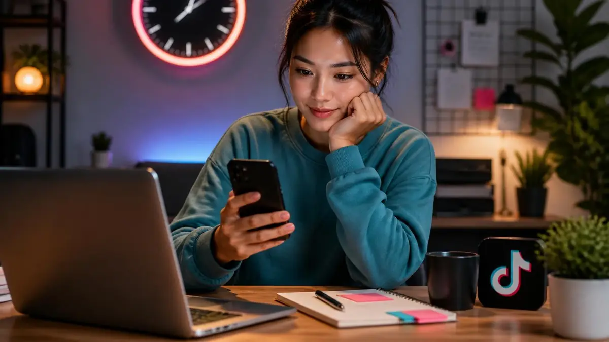 Une jeune femme réfléchit à a quelle heure poster sur tik tok en consultant son smartphone tard le soir