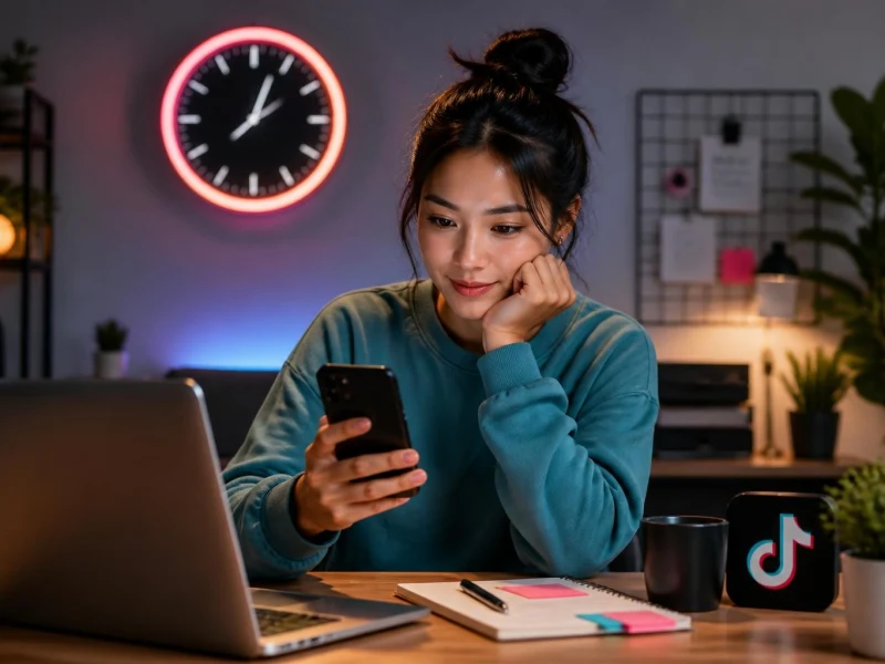 Une jeune femme réfléchit à a quelle heure poster sur tik tok en consultant son smartphone tard le soir