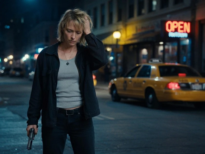 Une femme désemparée tient une arme à la main dans une rue sombre, illustrant le film À vif