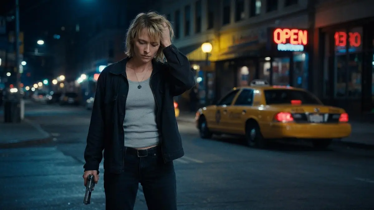 Une femme désemparée tient une arme à la main dans une rue sombre, illustrant le film À vif