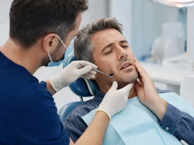 Un dentiste examine un abcès dentaire chez un patient en cabinet.