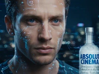 Visage d'homme aux reflets technologiques numériques évoquant l'univers du Absolut film