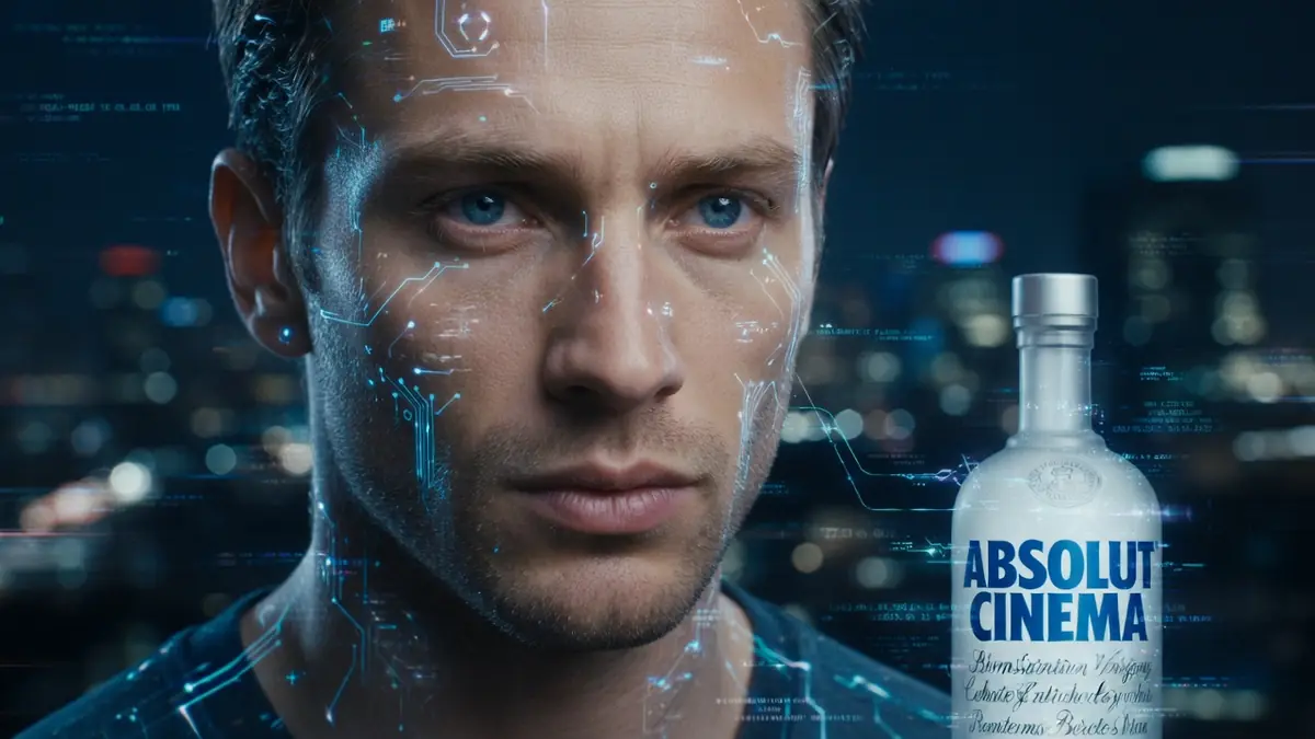 Visage d'homme aux reflets technologiques numériques évoquant l'univers du Absolut film