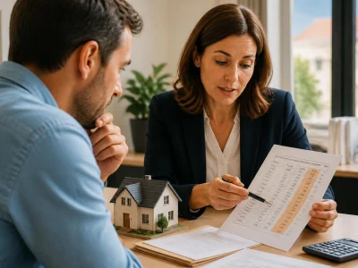 Une conseillère explique à un client les détails d'un achat immobilier frais de notaire lors d'un rendez-vous professionnel