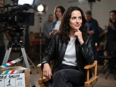 Adèle Galloy assise sur une chaise de réalisateur lors d'un tournage en studio