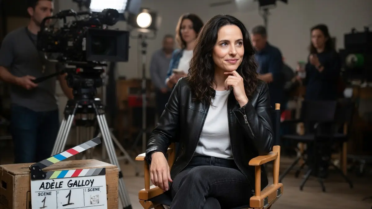 Adèle Galloy assise sur une chaise de réalisateur lors d'un tournage en studio