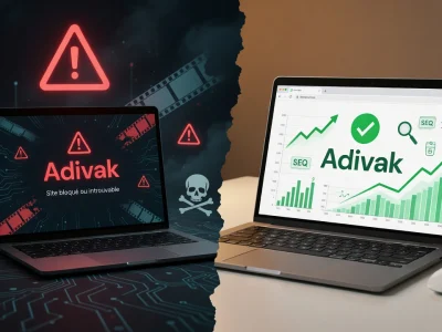 Deux ordinateurs portables aux ambiances opposées illustrant Adivak