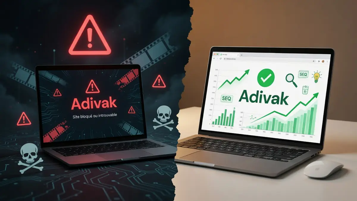 Deux ordinateurs portables aux ambiances opposées illustrant Adivak
