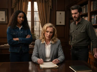 Trois personnages sérieux se tiennent dans un bureau universitaire pour une scène du film After the Hunt