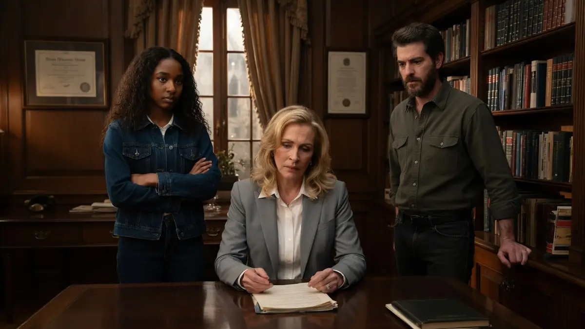 Trois personnages sérieux se tiennent dans un bureau universitaire pour une scène du film After the Hunt