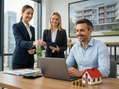 Des agents dans une agence immobilière versement loyer au propriétaire avec clés et maquette de maison sur table