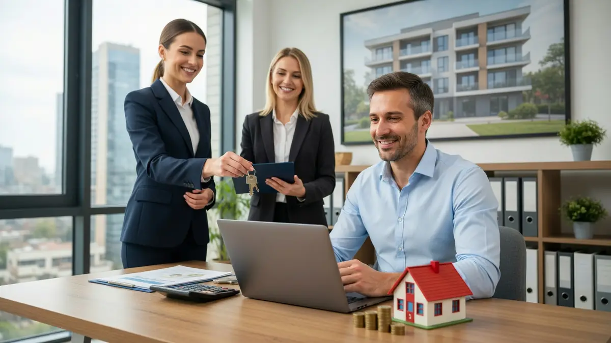 Des agents dans une agence immobilière versement loyer au propriétaire avec clés et maquette de maison sur table
