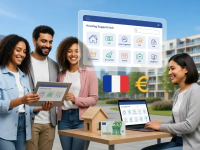 Une équipe diverse consulte AïdoLogement pour trouver des solutions de logement sur leurs appareils numériques