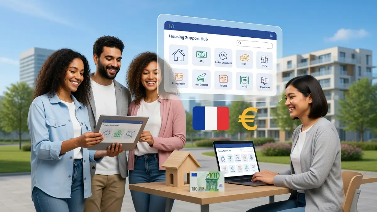 Une équipe diverse consulte AïdoLogement pour trouver des solutions de logement sur leurs appareils numériques