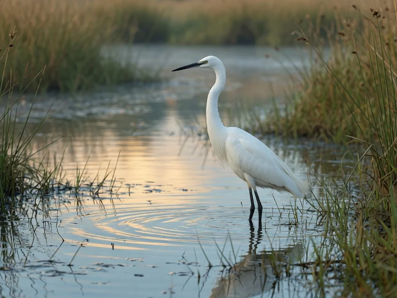 Une aigrette blanche immobile dans un marais au lever du jour.